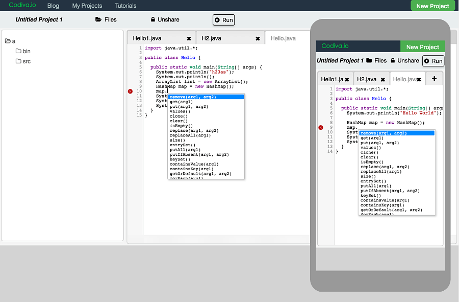Codiva screenshot with online compiler and autocomplete on both desktop and mobile browsers