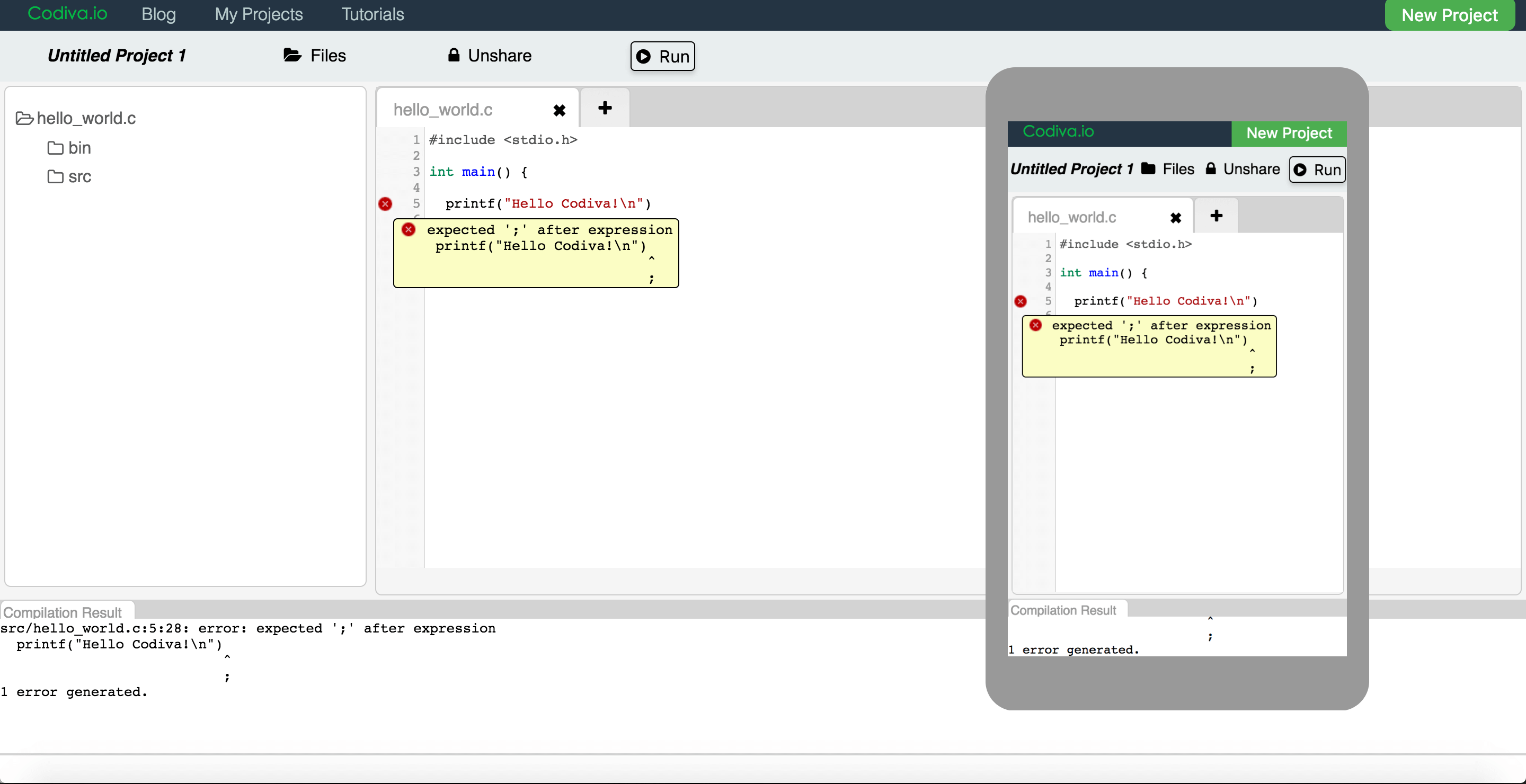 Codiva screenshot with online C/C++ compiler on both desktop and mobile browsers